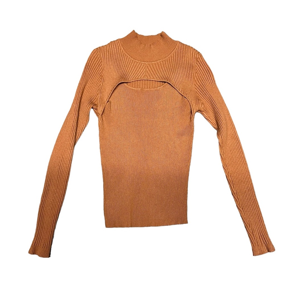 Ribbed Cutout Mock Neck Sweater - Rust Orange